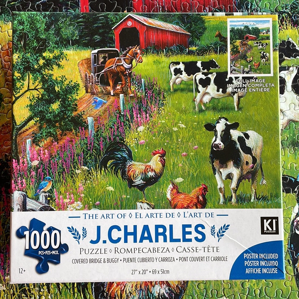 KI Puzzles Covered Bridge & Buggy the art of J. Charles. 1000 Pieces. EUC